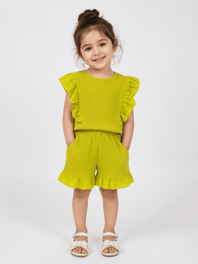Pandax Girls Cotton Ruffle Sleeve Short Top - Lime Green (Size 7) 1