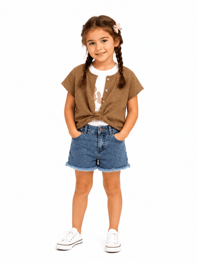 Pampal Girls' 3-Piece Cotton Outfit Set: Jacket, Tank Top, and Shorts - Brown (2 years) 1