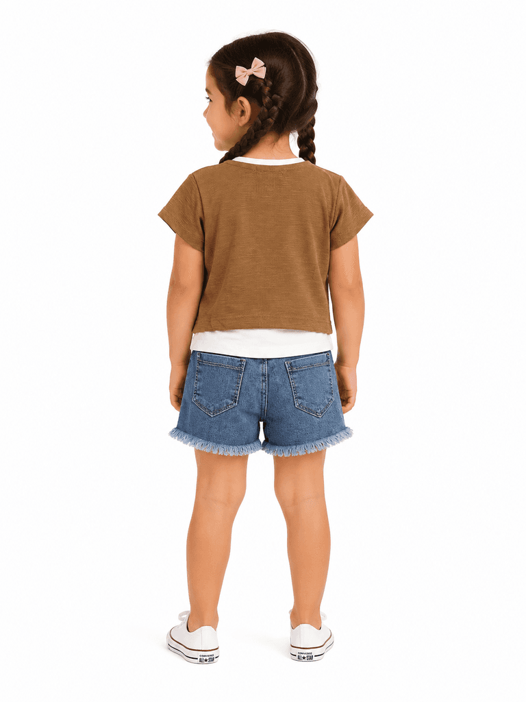 Pampal Girls' 3-Piece Cotton Outfit Set: Jacket, Tank Top, and Shorts - Brown (2 years) 2