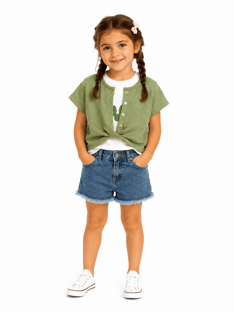 Pampal Girls' 3-Piece Cotton Outfit Set: Jacket, Tank Top, and Shorts - Green (2 years) 1