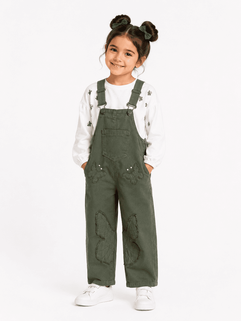 Pampal Girls' 2-Piece Cotton Dungaree Set with Long-Sleeve Shirt - Army Green (2 years) 1