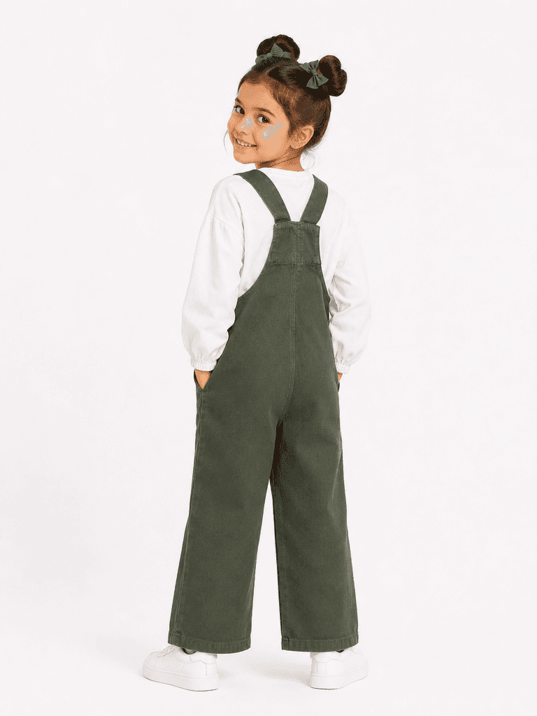Pampal Girls' 2-Piece Cotton Dungaree Set with Long-Sleeve Shirt - Army Green (2 years) 2