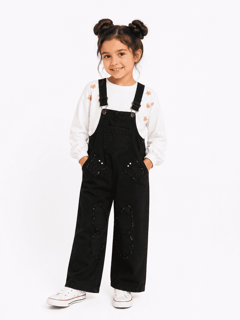Pampal Girls' 2-Piece Cotton Dungaree Set with Long-Sleeve Shirt - Black (2 years) 1