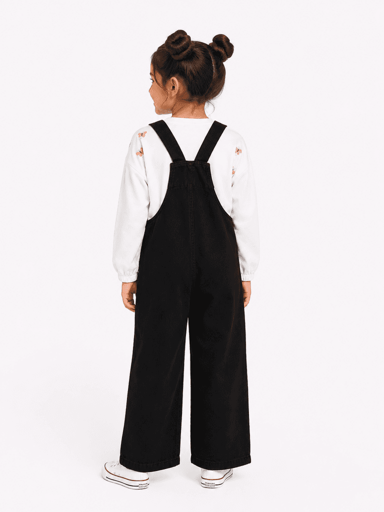 Pampal Girls' 2-Piece Cotton Dungaree Set with Long-Sleeve Shirt - Black (2 years) 2