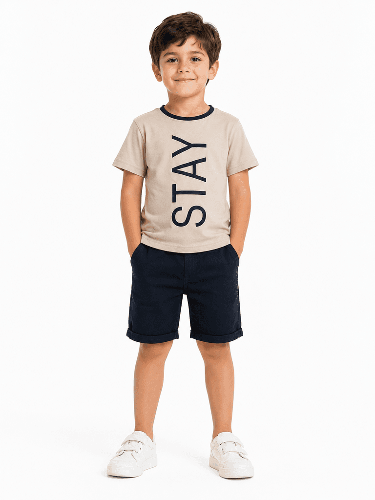 ESSO MANDOLİN Boys' Premium Cotton T-Shirt and Shorts Summer Outfit Set - Beige (3 years) 1