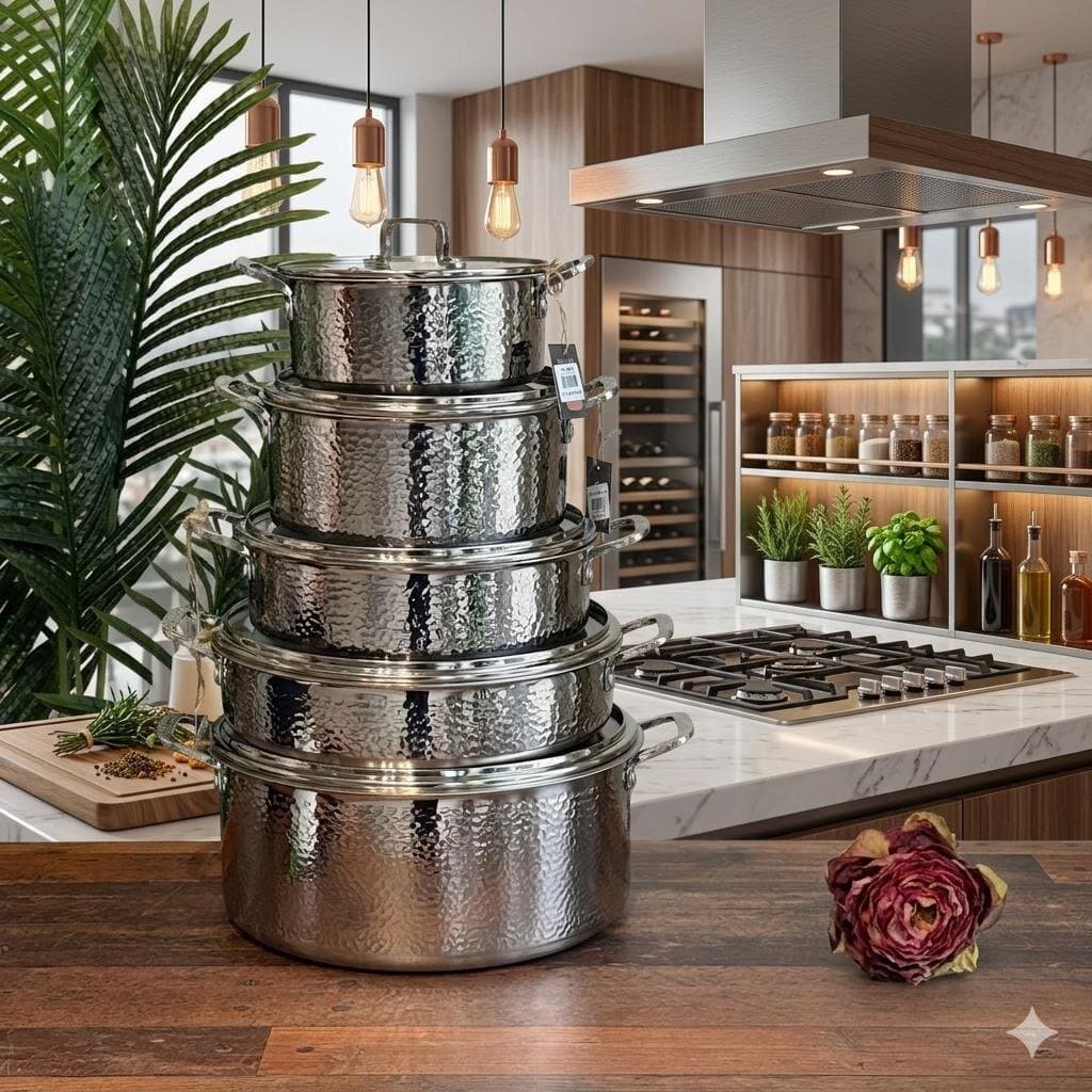 Luxury Hammered Stainless Steel Cookware Set with Frying Pan 34