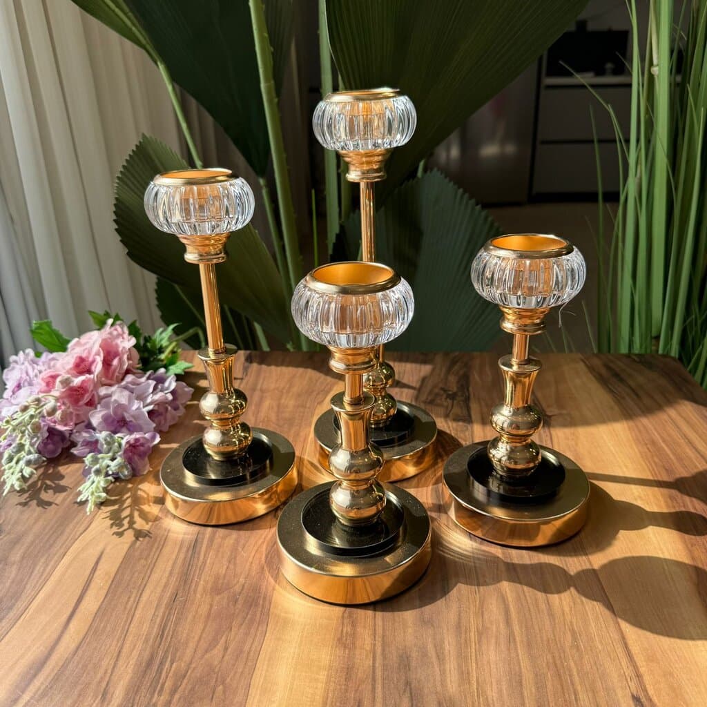 Royal Glow Glass & Gold Candle Holders Set 8