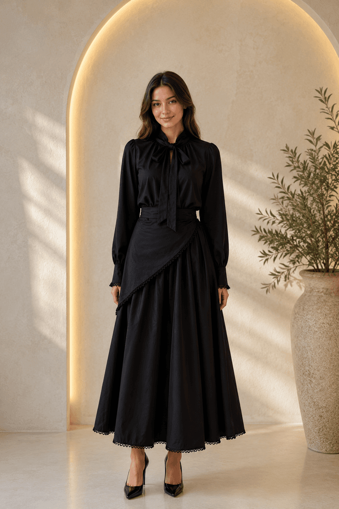 BONITA Life Women's Premium Cotton Blouse and Skirt Set - Black - Size 36 1