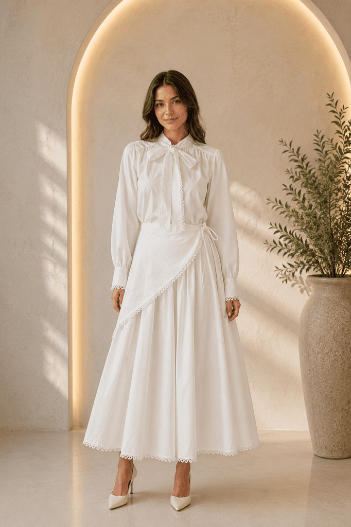 BONITA Life Women's Premium Cotton Blouse and Skirt Set - White - Size 36 1