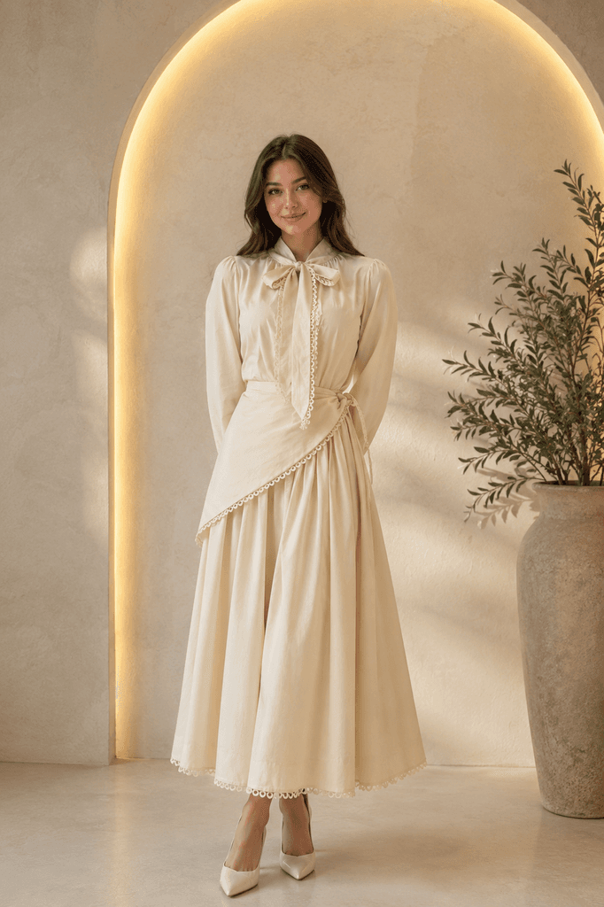 BONITA Life Women's Premium Cotton Blouse and Skirt Set - Cream - Size 36 1