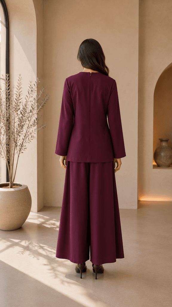 HENZA Women's Elegant Two-Piece Blouse and Pants Set - Dark Red (Size 36) 2