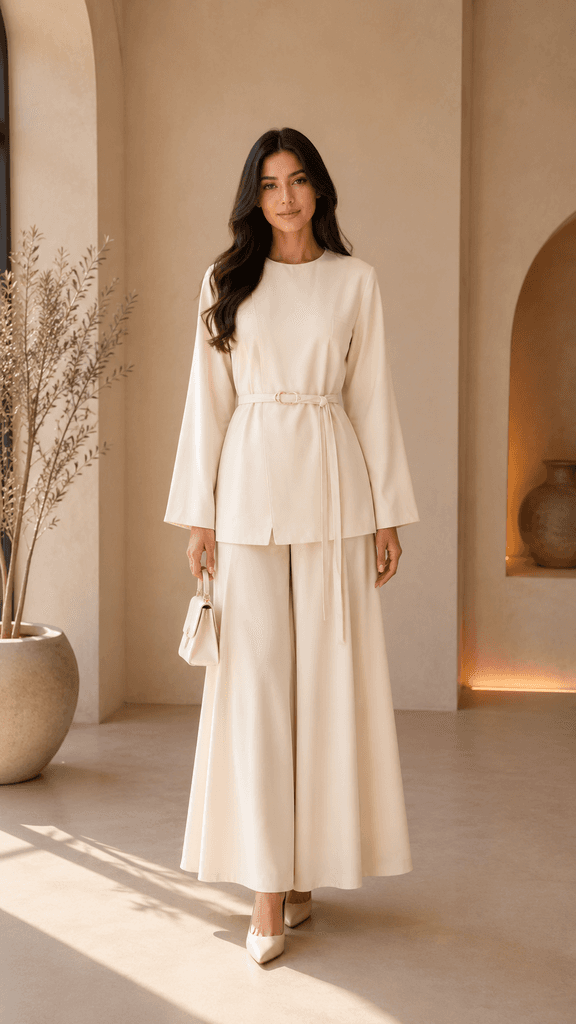 HENZA Elegant Women's Blouse and Pants Two-Piece Set - Cream (Size 36) 1