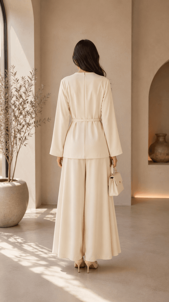 HENZA Elegant Women's Blouse and Pants Two-Piece Set - Cream (Size 36) 2