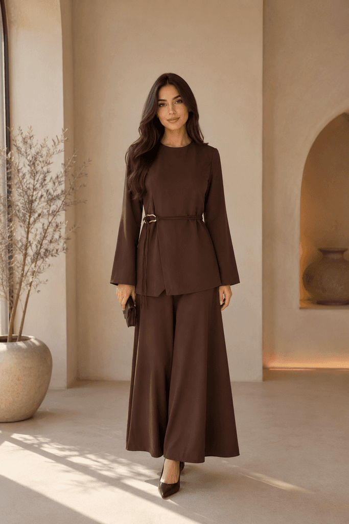 HENZA Elegant Women's Blouse and Pants Two-Piece Set - Dark Brown (Size 36) 1