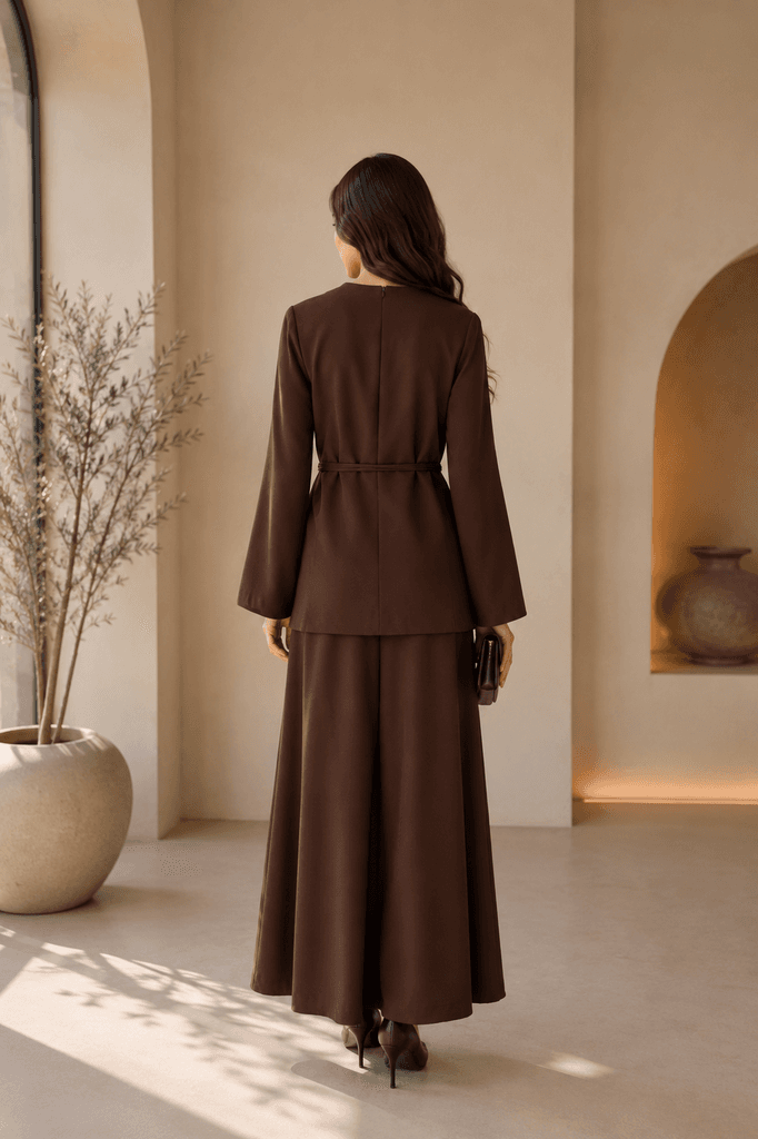 HENZA Elegant Women's Blouse and Pants Two-Piece Set - Dark Brown (Size 36) 2