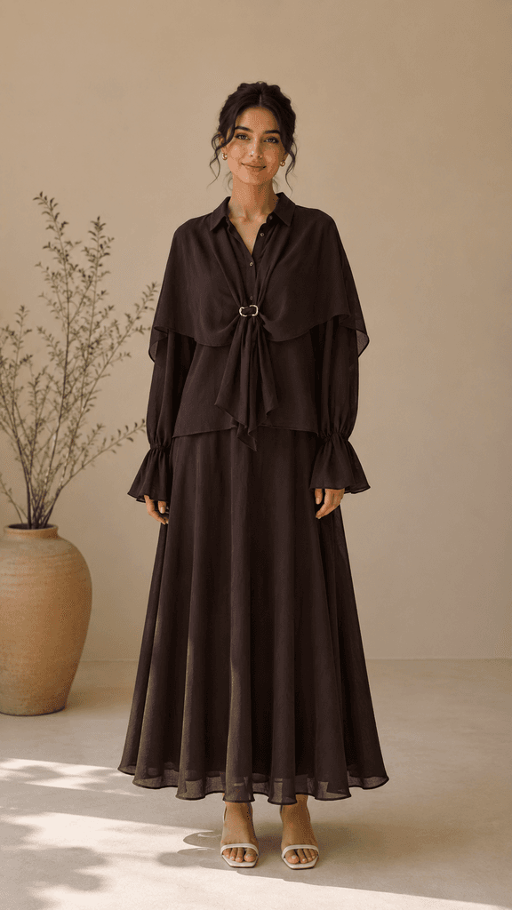 BLUE DAY'S Women's High-Quality Polyester Blouse and Skirt Set - Dark Brown (Size 36) 1