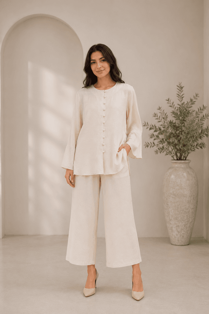 HENZA Women's Premium Blouse and Pants Set - Cream (S) 1