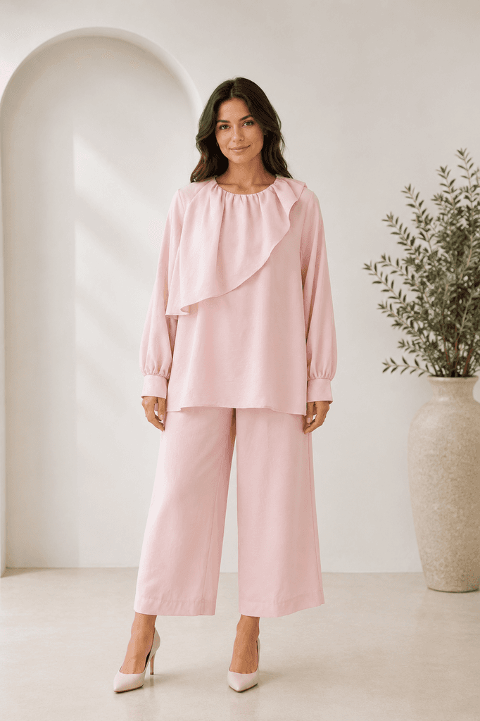 YENZA Elegant Women's Two-Piece Blouse and Pants Set - Light Pink (Size 36) 1