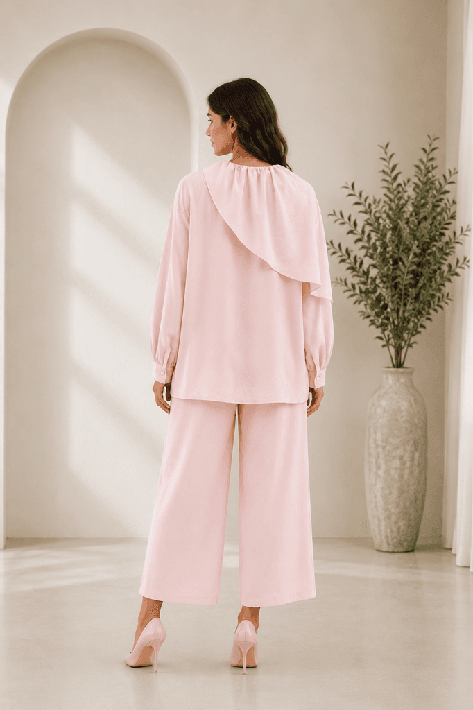 YENZA Elegant Women's Two-Piece Blouse and Pants Set - Light Pink (Size 36) 2