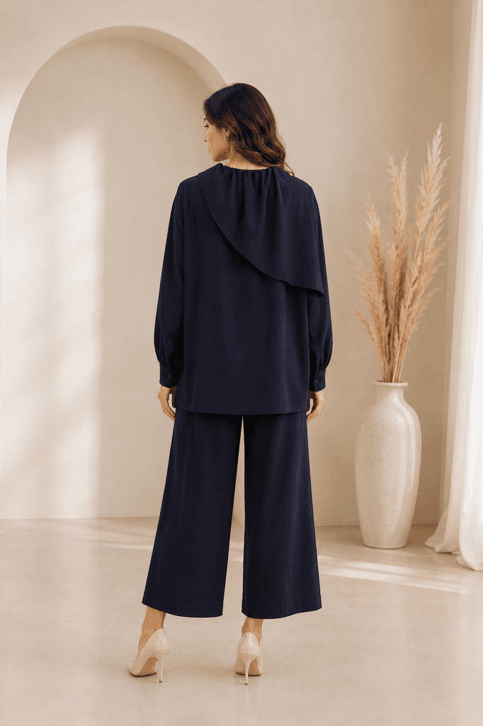 YENZA Elegant Women's Two-Piece Blouse and Pants Set - Navy Blue (Size 36) 2