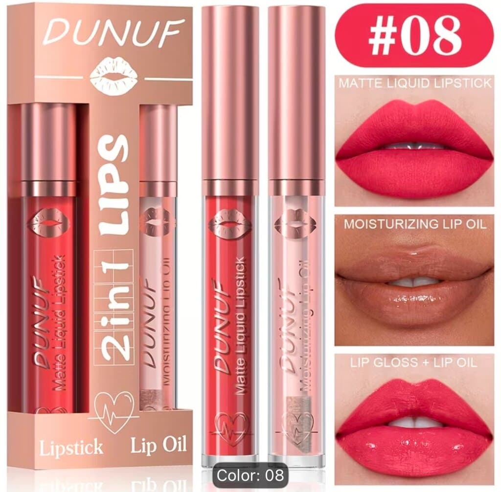 2-in-1 Matte Liquid Lipstick & Moisturizing Lip Oil Long Lasting Lip Makeup Set 1
