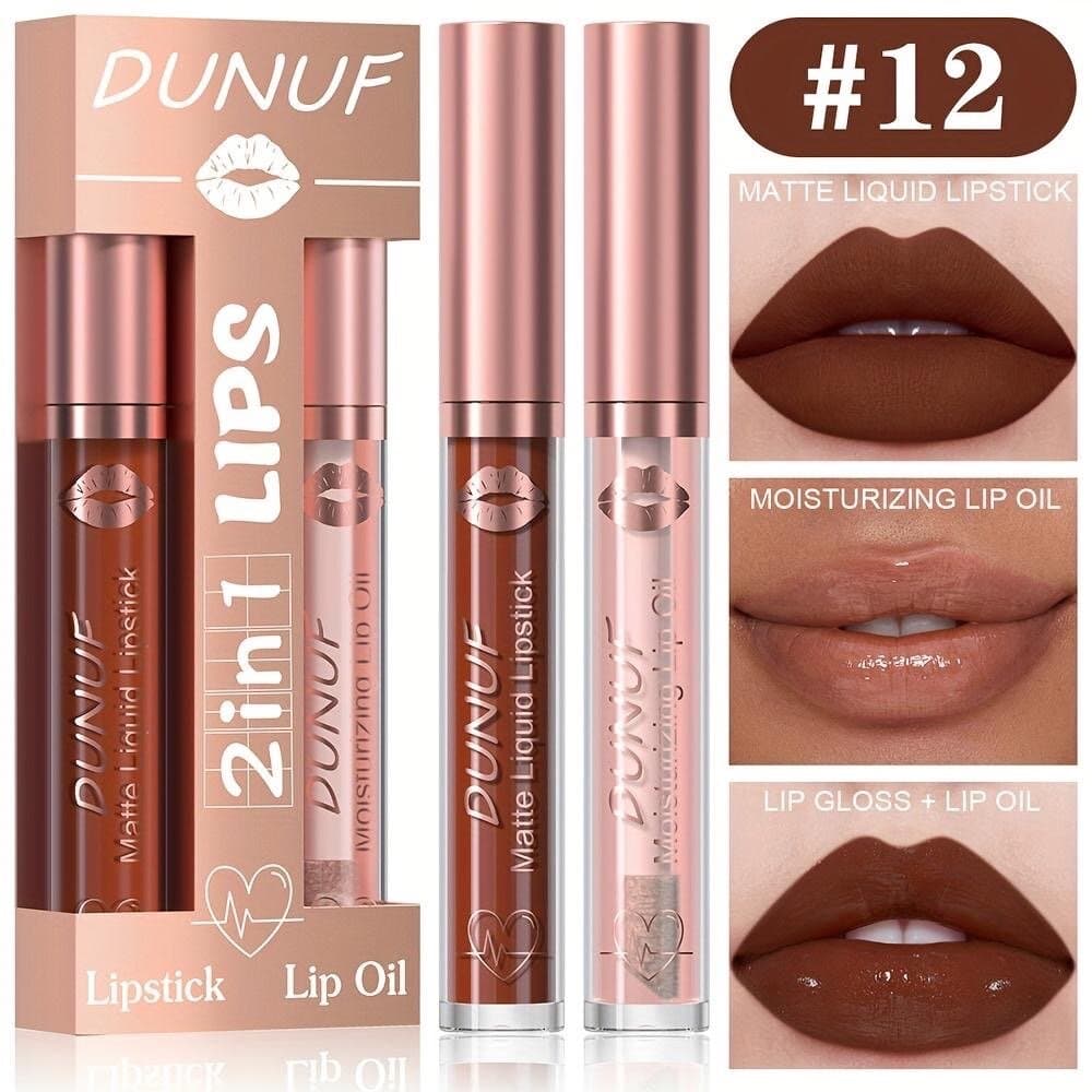 2-in-1 Matte Liquid Lipstick & Moisturizing Lip Oil Long Lasting Lip Makeup Set 1