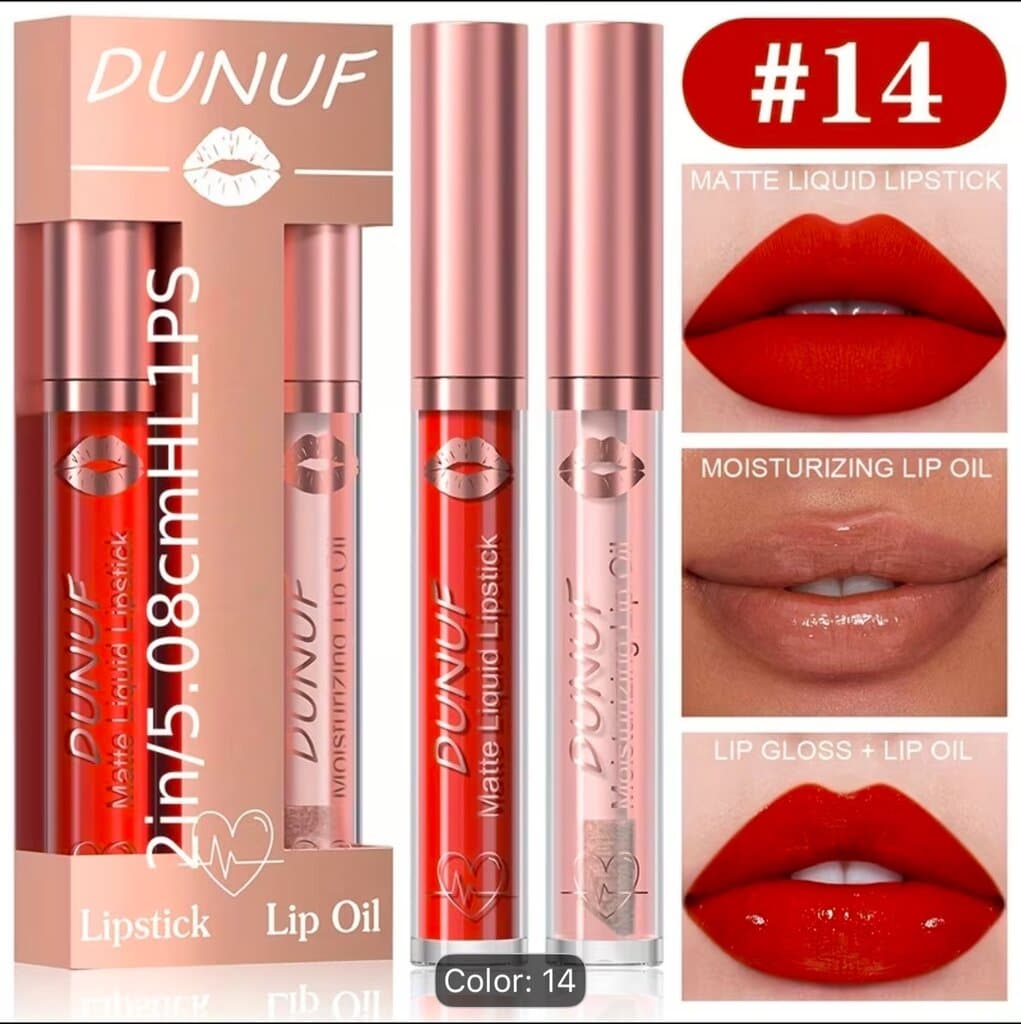 2-in-1 Matte Liquid Lipstick & Moisturizing Lip Oil Long Lasting Lip Makeup Set 1