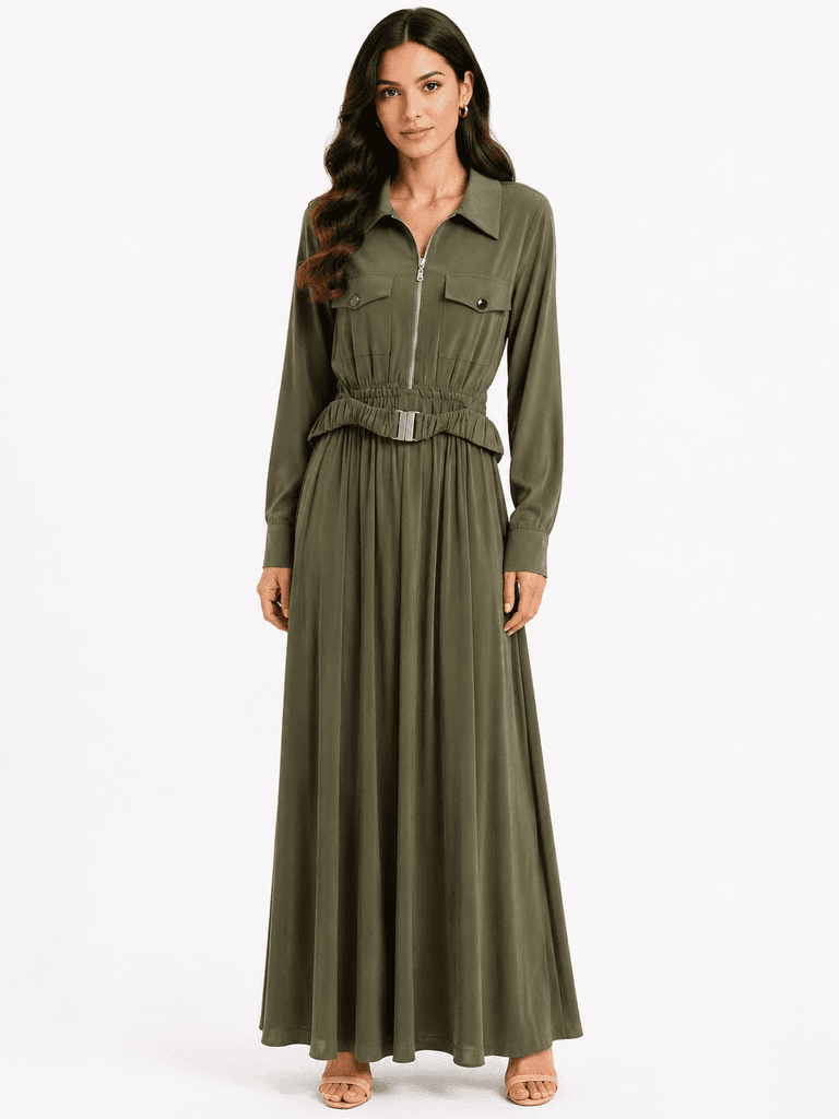 RESSAM Women's Elegant Polyester Dress - Dark Green (Size 36)