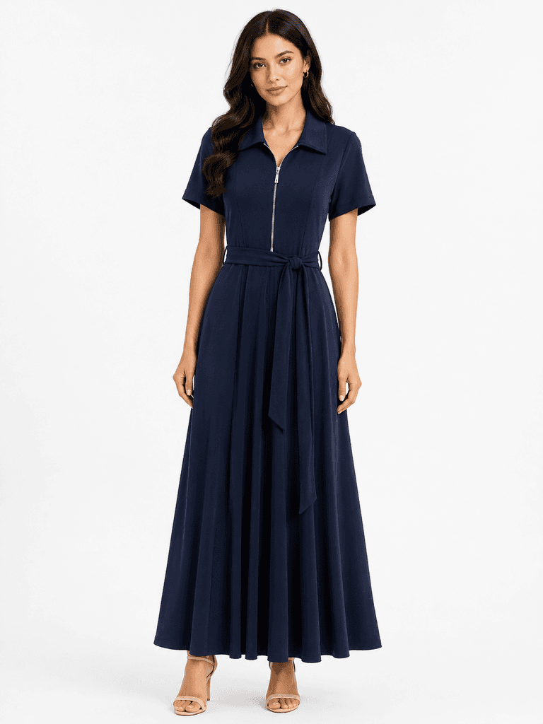 GLARMI Women's Elegant Polyester Dress - Navy Blue (Size 36) 1