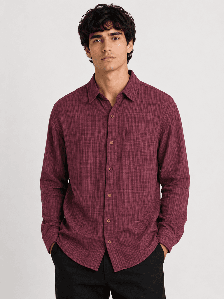 ERS Men's Premium Cotton Casual Shirt - Classic Fit - Dark Red (S) 1