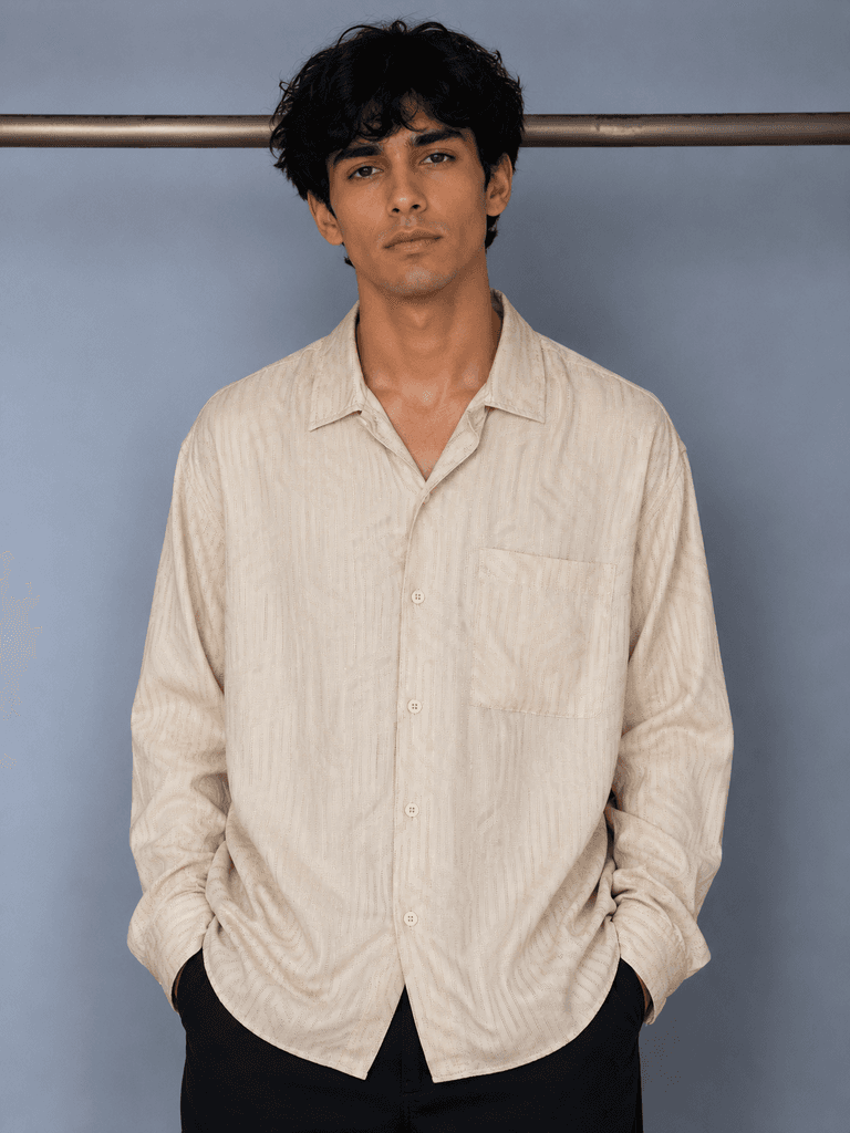 PLUS POSH Men's Premium Cotton Casual Shirt - Light Beige (S) 1