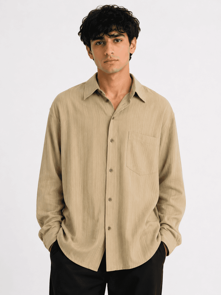 PLUS POSH Men's Premium Breathable Cotton Slim Fit Casual Shirt - Light Brown (S) 1