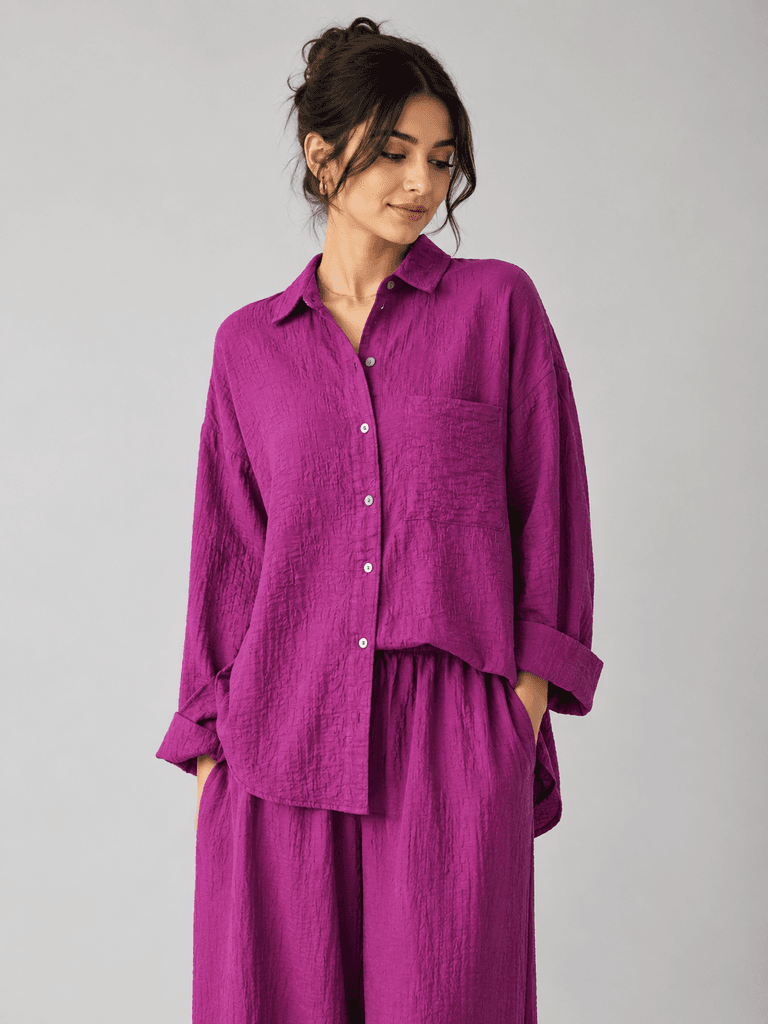 Reyon Women's Cotton Oversized Shirt and Wide Leg Pants Set - Magenta (S) 1