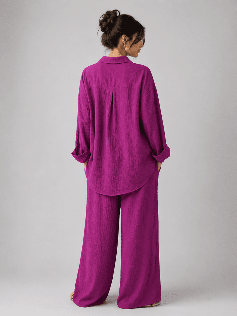 Reyon Women's Cotton Oversized Shirt and Wide Leg Pants Set - Magenta (S) 2