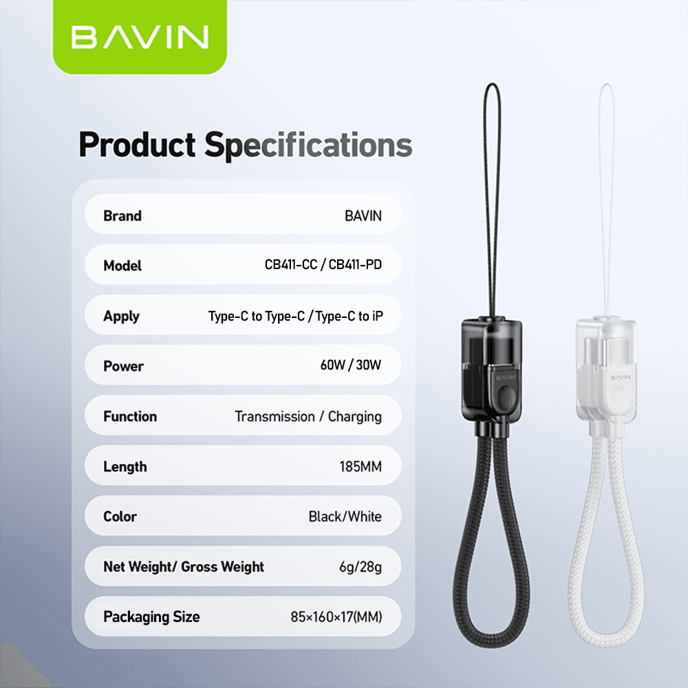 BAVIN CB411 Short Type-C to Type-C 60W Fast Charging Data Cable (18.5cm) – Compact Braided Cable 9
