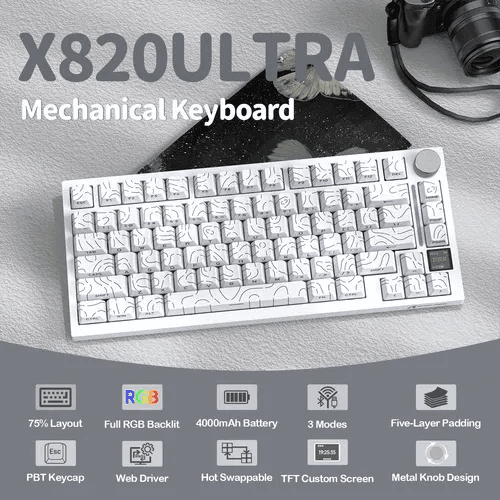 ATTACK SHARK X820Ultra Tri-mode Gasket Mechanical Keyboard-White contour shark switch 2