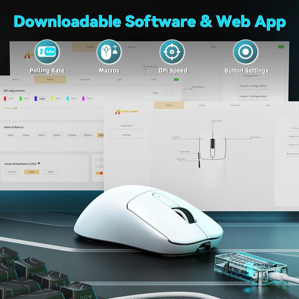 ATTACK SHARK V5 Ultra-Light Tri-Mode Wireless Gaming Mouse – White (42,000 DPI / 8000Hz) 8