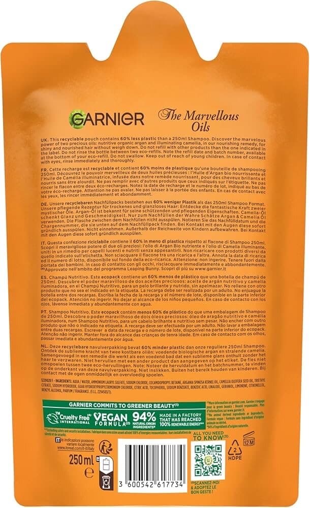 Garnier Ultra Wonderful Oils Argan & Camellia Sulfate-Free Shampoo Eco Refill 250ml 2
