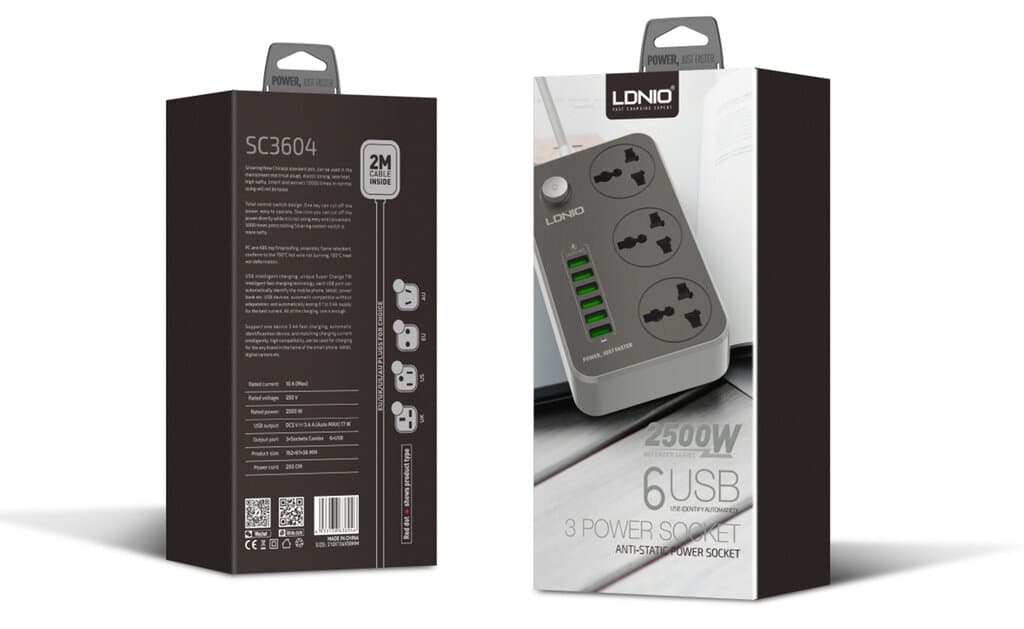 LDNIO Power Socket 3 AC Outlets 6 USB Quick Charge 2500W 2M 1