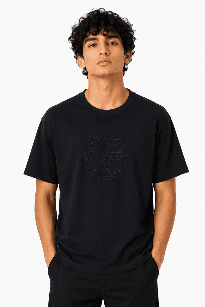 تي شيرت رجالي من القطن الفاخر من Emporio Armani - جودة ممتازة - أسود (XL)