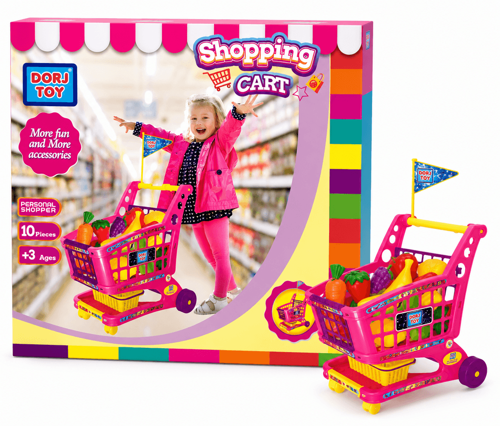Dorj Kids Toy Shopping Cart Play Set with 10 Accessories for Ages 3+ - Pink 1