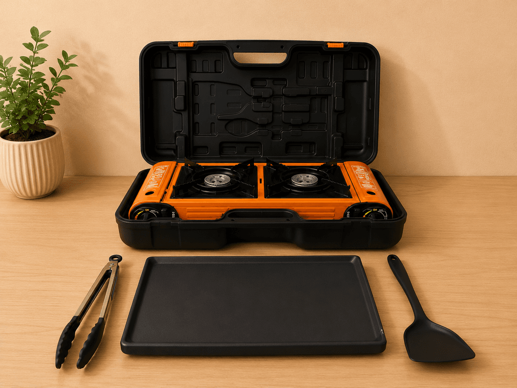 Portable Double Burner Camping Gas Stove with Grill Plate & Carry Case - Orange (L) 1