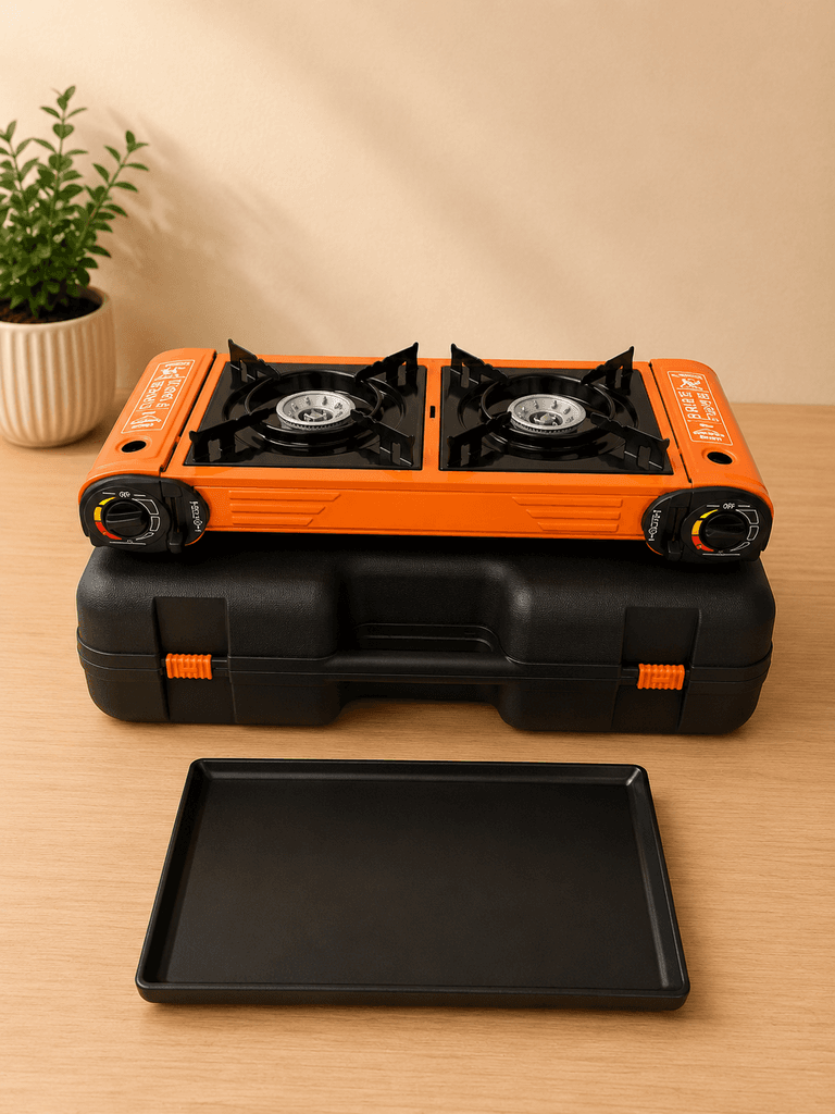Portable Double Burner Camping Gas Stove with Grill Plate & Carry Case - Orange (L) 2