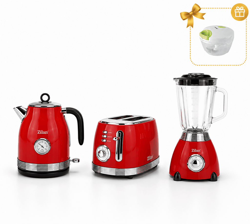 Zilan 3-Piece Retro Kitchen Set Red (Kettle, Blender, Toaster) + Gift (Floria Manual Chopper)