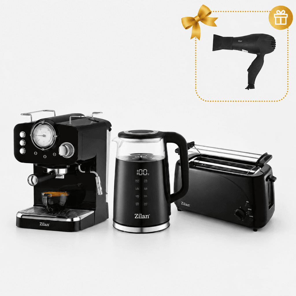Zilan 3-Piece Kitchen Set Black (Espresso Machine, Kettle, Toaster) + Gift (Zilan Hair Dryer)