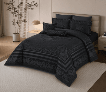 طقم لحاف ملكي فخم من ٨ قطع من Dream Room بمقاس كينغ - أسود