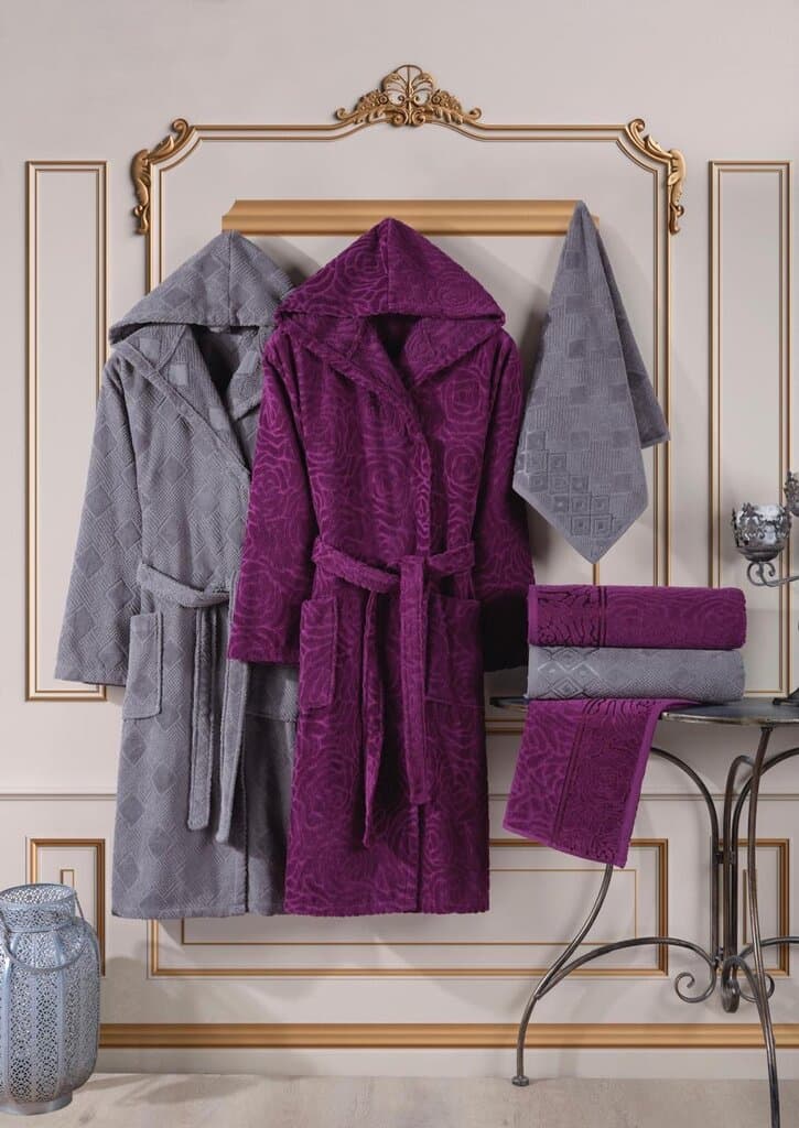 Dream Room Luxury 10-Piece Cotton Bathrobe Set for Couples - Deep Purple & Grey