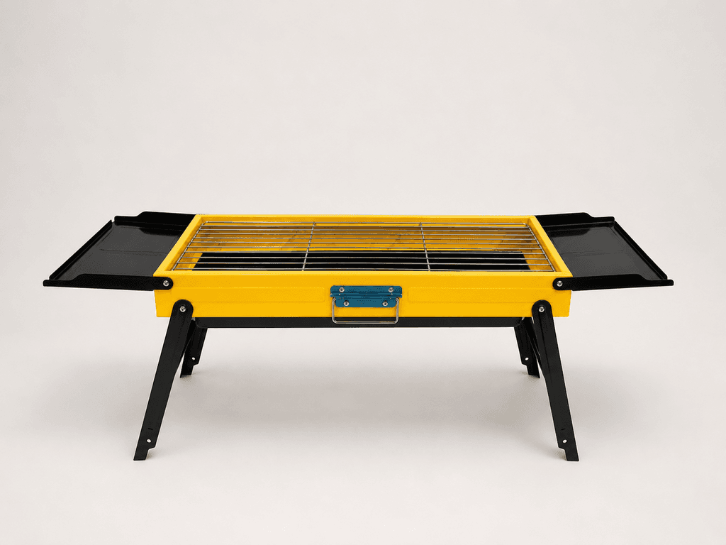 Portable Folding BBQ Grill with Side Trays - Durable Yellow Outdoor Grill