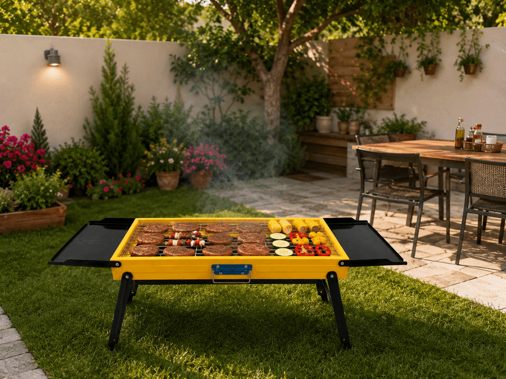 Portable Folding BBQ Grill with Side Trays - Durable Yellow Outdoor Grill — photo 3