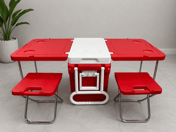 Portable Folding Picnic Table Set with Built-In Cooler and Foldable Stools - Red